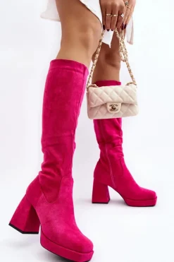 Kozaki Damskie Ocieplane Na Masywnym Obcasie Fuksja Layala