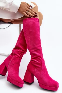 Kozaki Damskie Ocieplane Na Masywnym Obcasie Fuksja Layala