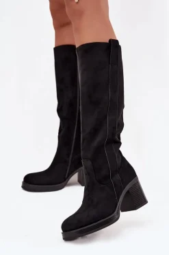 Kozaki Damskie Ocieplane Na Masywnym Słupku Czarne Sanelle