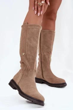 Kozaki Damskie Ocieplane Na płaskim Obcasie Eko Zamszowe Ciemnobeżowe Delyssa