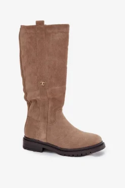 Kozaki Damskie Ocieplane Na płaskim Obcasie Eko Zamszowe Ciemnobeżowe Delyssa