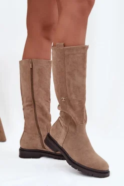 Kozaki Damskie Ocieplane Na płaskim Obcasie Eko Zamszowe Ciemnobeżowe Delyssa