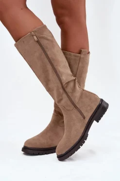 Kozaki Damskie Ocieplane Na płaskim Obcasie Eko Zamszowe Ciemnobeżowe Delyssa