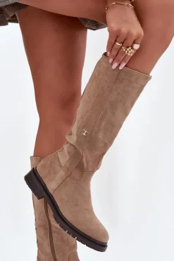 Kozaki Damskie Ocieplane Na płaskim Obcasie Eko Zamszowe Ciemnobeżowe Delyssa