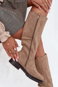 Kozaki Damskie Ocieplane Na płaskim Obcasie Eko Zamszowe Ciemnobeżowe Delyssa