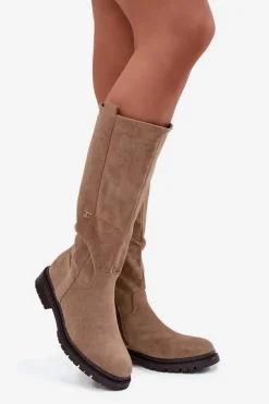 Kozaki Damskie Ocieplane Na płaskim Obcasie Eko Zamszowe Ciemnobeżowe Delyssa