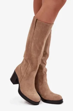 Kozaki Damskie Ocieplane Na Masywnym Słupku Beżowe Sanelle