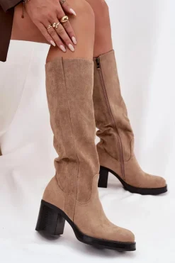 Kozaki Damskie Ocieplane Na Masywnym Słupku Beżowe Sanelle