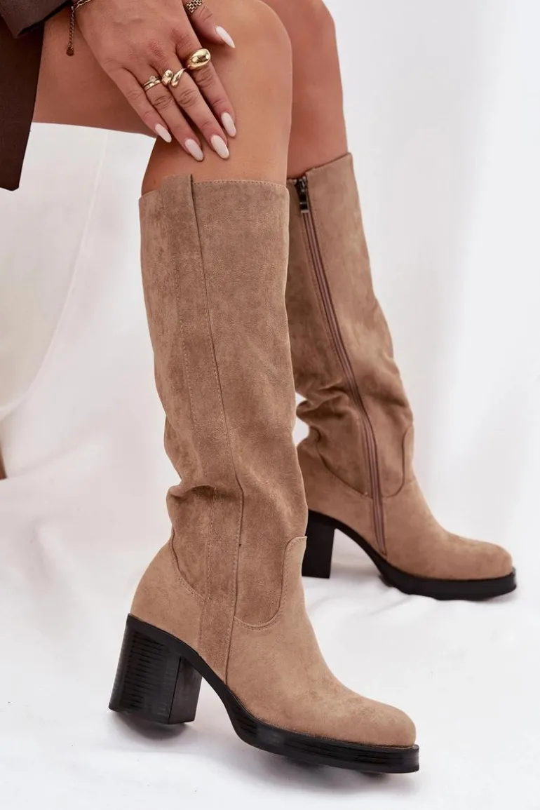 Kozaki Damskie Ocieplane Na Masywnym Słupku Beżowe Sanelle