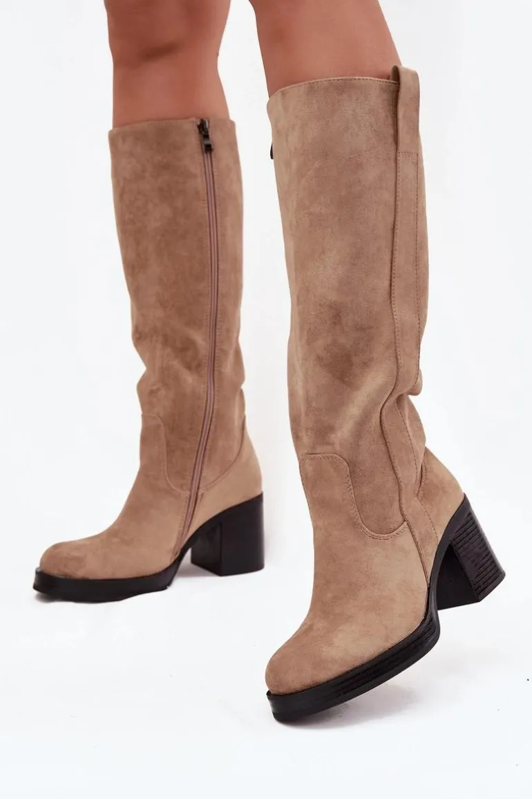 Kozaki Damskie Ocieplane Na Masywnym Słupku Beżowe Sanelle