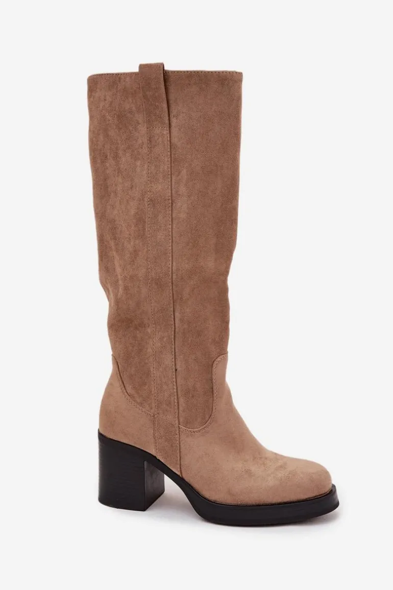 Kozaki Damskie Ocieplane Na Masywnym Słupku Beżowe Sanelle