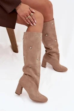 Kozaki Damskie Ocieplane Na Słupku Z Ozdobnymi Detalami Beżowe Lucinda