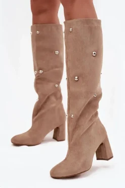 Kozaki Damskie Ocieplane Na Słupku Z Ozdobnymi Detalami Beżowe Lucinda