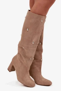 Kozaki Damskie Ocieplane Na Słupku Z Ozdobnymi Detalami Beżowe Lucinda