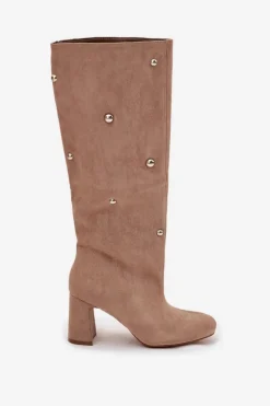 Kozaki Damskie Ocieplane Na Słupku Z Ozdobnymi Detalami Beżowe Lucinda