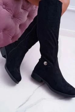 Kozaki Damskie Płaskie Do Kolan Czarne Xomea