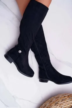 Kozaki Damskie Płaskie Do Kolan Czarne Xomea