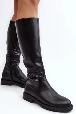 Kozaki Damskie Płaskie Przed Kolano Ocieplane Czarne Saraseini