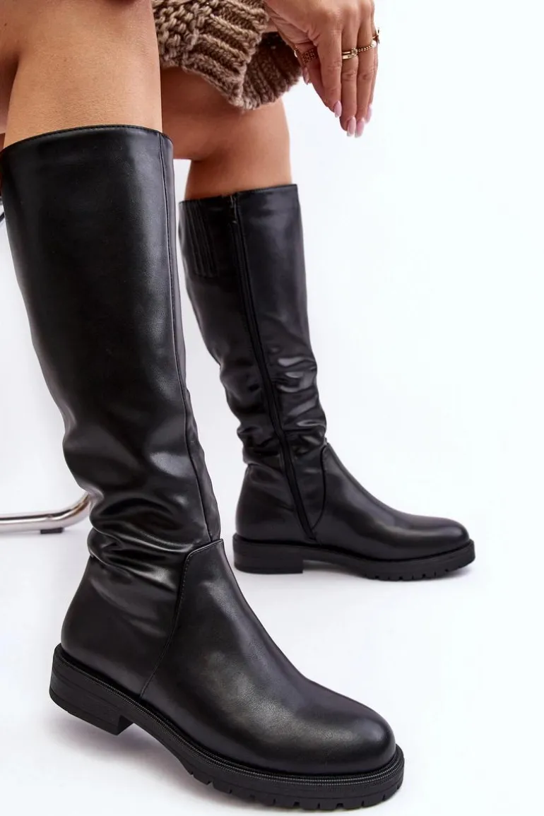 Kozaki Damskie Płaskie Przed Kolano Ocieplane Czarne Saraseini