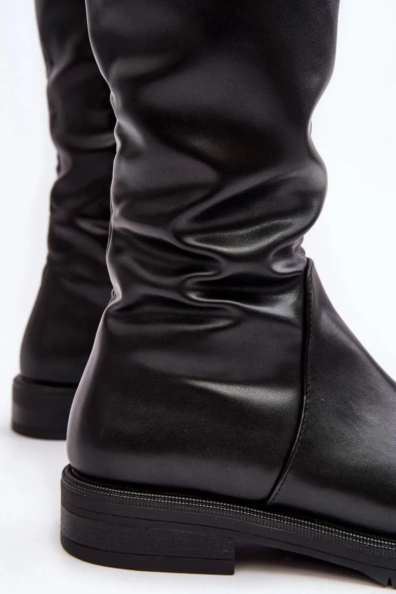 Kozaki Damskie Płaskie Przed Kolano Ocieplane Czarne Saraseini