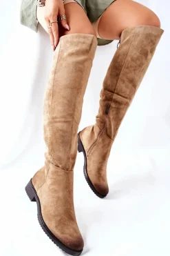 Kozaki Damskie Płaskie Zamszowe Beżowe Ardmore