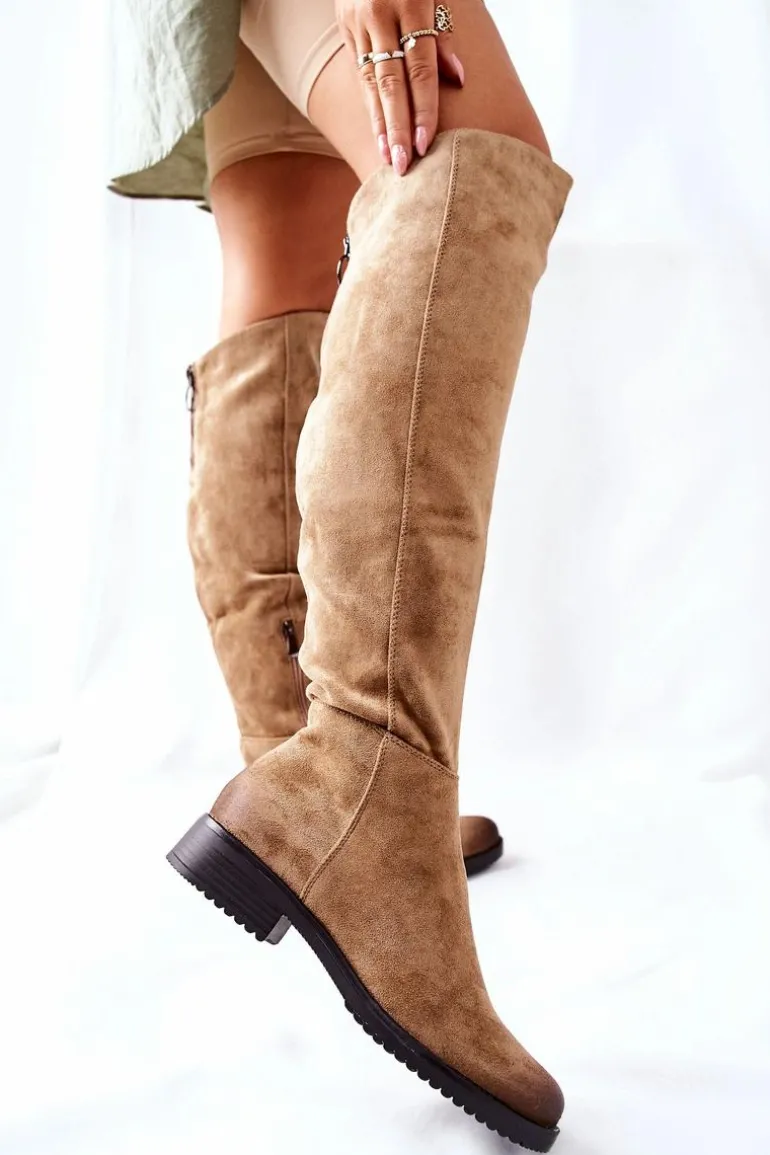 Kozaki Damskie Płaskie Zamszowe Beżowe Ardmore