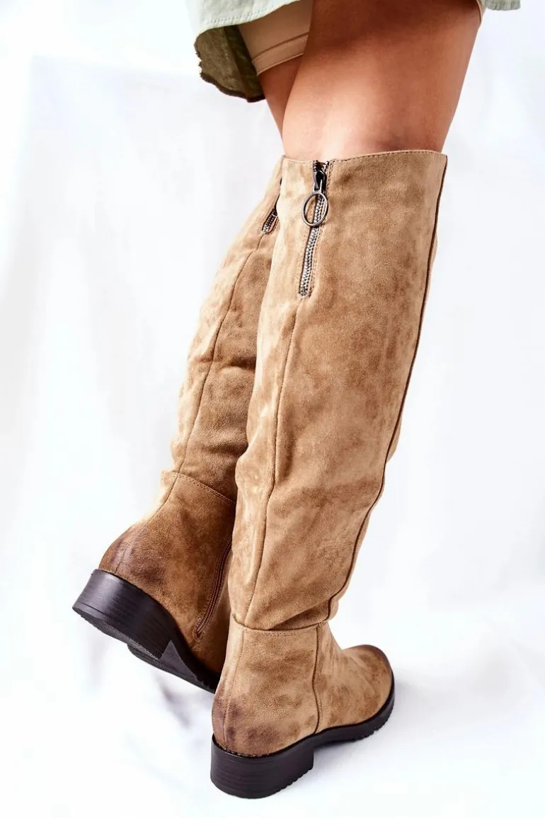 Kozaki Damskie Płaskie Zamszowe Beżowe Ardmore