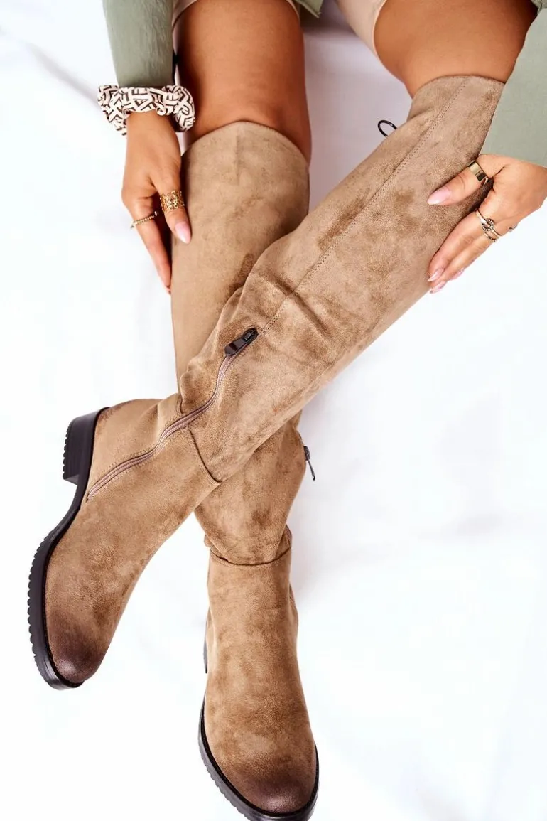 Kozaki Damskie Płaskie Zamszowe Beżowe Ardmore