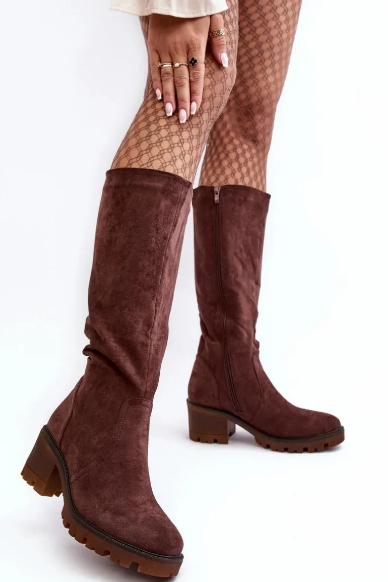 Kozaki Damskie Przed Kolano Na Niskim Obcasie Ciemnobrązowe Beveta