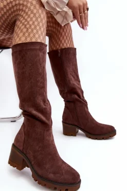 Kozaki Damskie Przed Kolano Na Niskim Obcasie Ciemnobrązowe Beveta