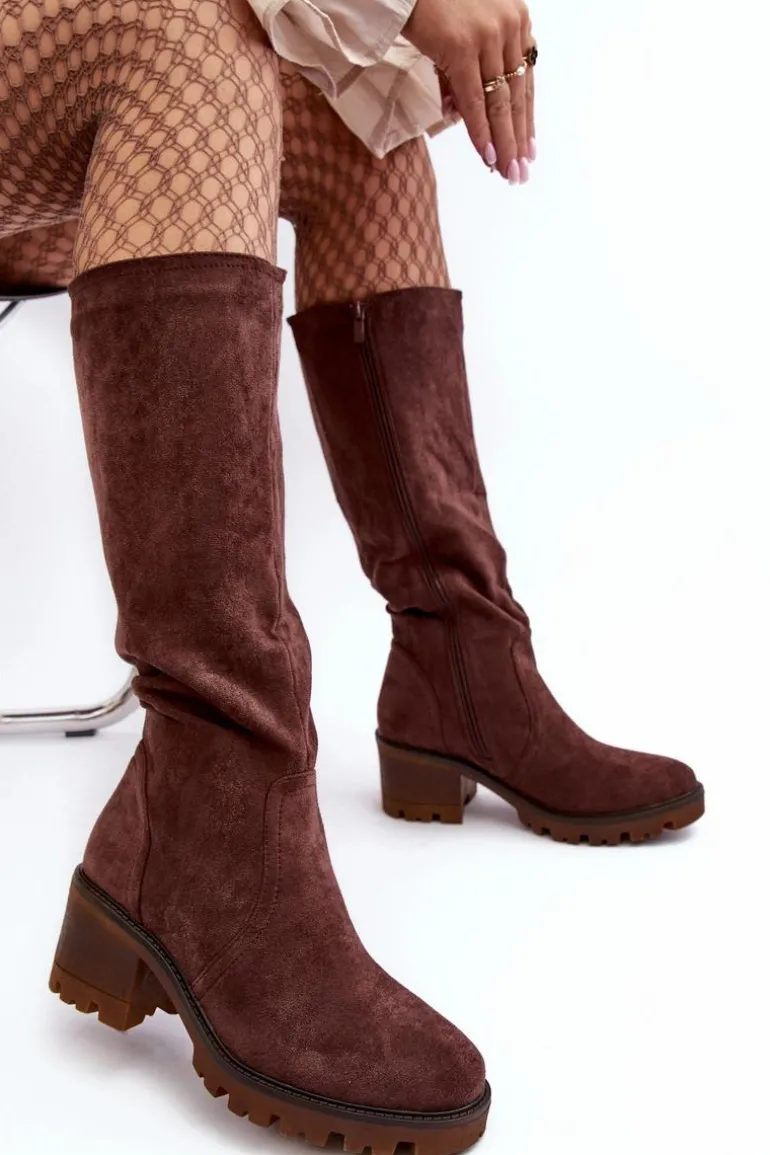 Kozaki Damskie Przed Kolano Na Niskim Obcasie Ciemnobrązowe Beveta