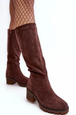 Kozaki Damskie Przed Kolano Na Niskim Obcasie Ciemnobrązowe Beveta