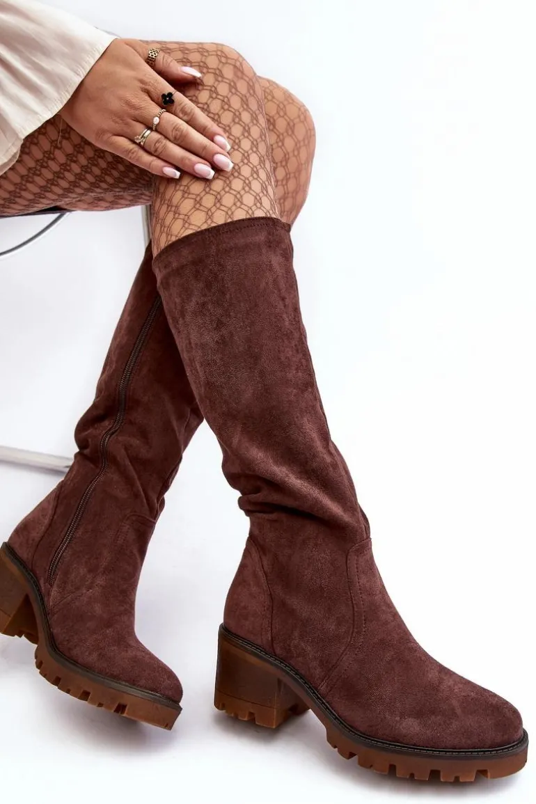 Kozaki Damskie Przed Kolano Na Niskim Obcasie Ciemnobrązowe Beveta