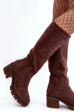 Kozaki Damskie Przed Kolano Na Niskim Obcasie Ciemnobrązowe Beveta