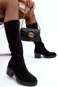 Kozaki Damskie Przed Kolano Na Niskim Obcasie Czarne Beveta