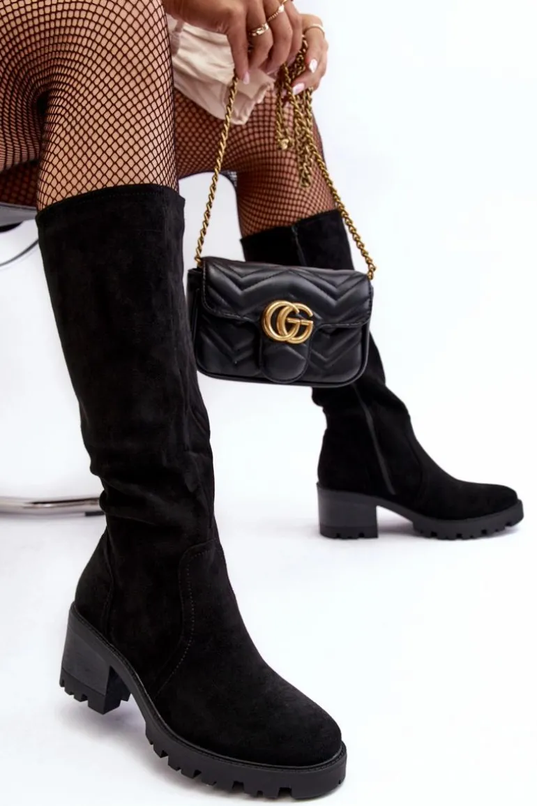 Kozaki Damskie Przed Kolano Na Niskim Obcasie Czarne Beveta