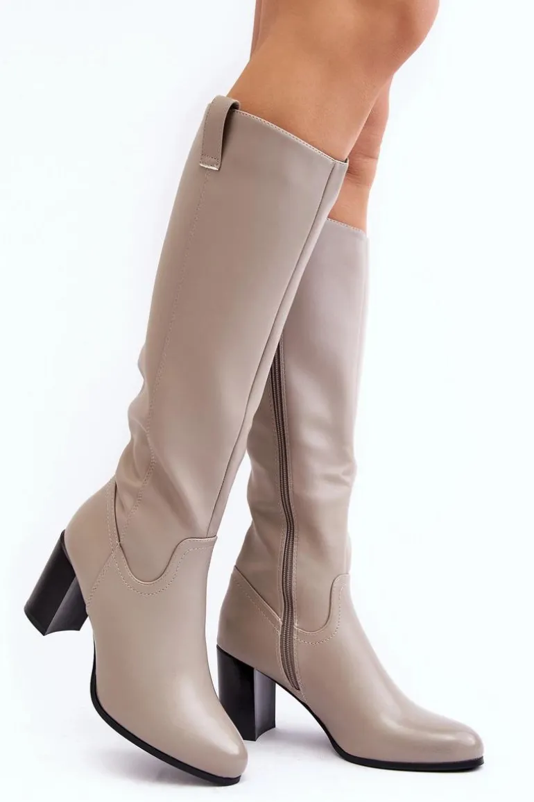 Kozaki Damskie Przed Kolano Na Słupku Szare Nelamessa