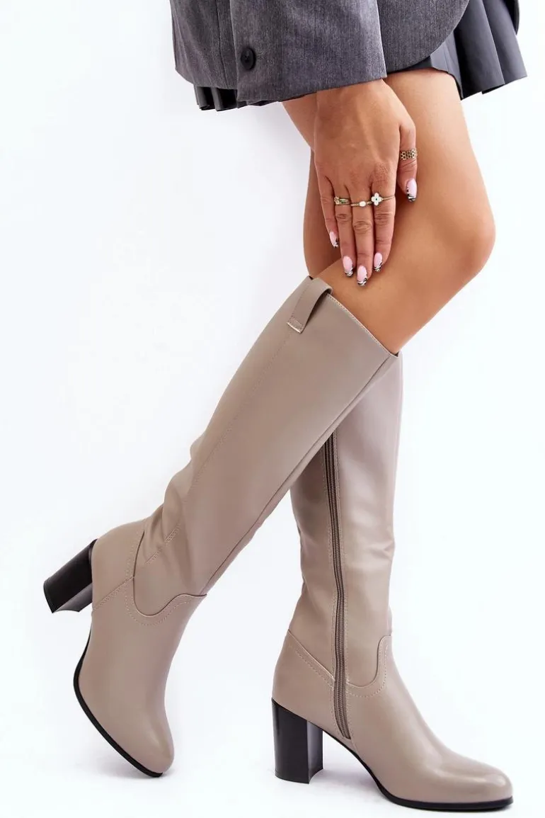 Kozaki Damskie Przed Kolano Na Słupku Szare Nelamessa