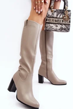 Kozaki Damskie Przed Kolano Na Słupku Szare Nelamessa