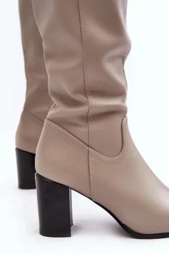 Kozaki Damskie Przed Kolano Na Słupku Szare Nelamessa