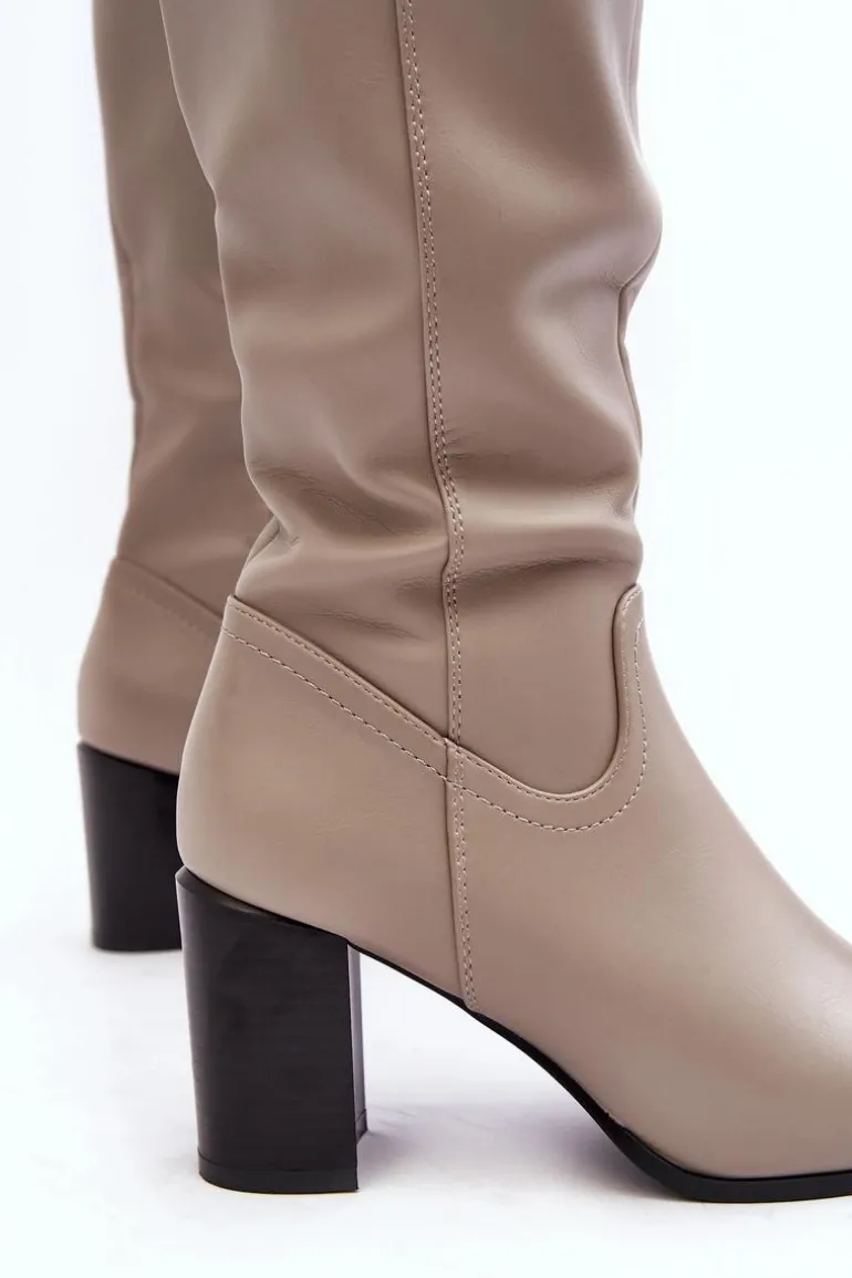 Kozaki Damskie Przed Kolano Na Słupku Szare Nelamessa