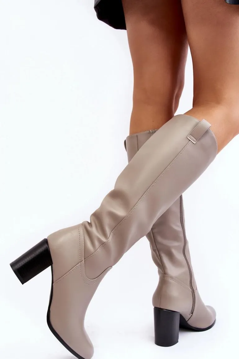 Kozaki Damskie Przed Kolano Na Słupku Szare Nelamessa