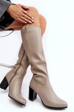 Kozaki Damskie Przed Kolano Na Słupku Szare Nelamessa