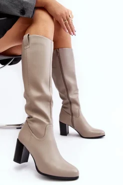 Kozaki Damskie Przed Kolano Na Słupku Szare Nelamessa