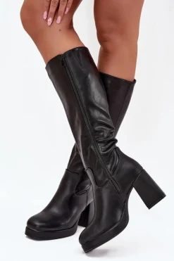 Kozaki Damskie Przed Kolano Na Zamek Obcas Słupek Czarne Selvia