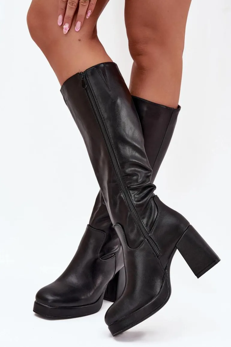 Kozaki Damskie Przed Kolano Na Zamek Obcas Słupek Czarne Selvia