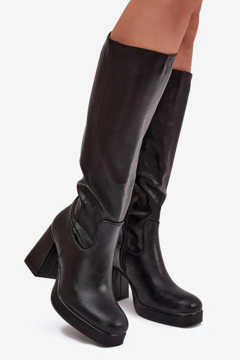 Kozaki Damskie Przed Kolano Na Zamek Obcas Słupek Czarne Selvia