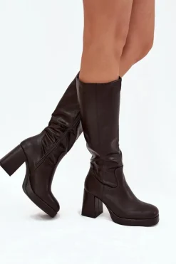 Kozaki Damskie Przed Kolano Na Zamek Obcas Słupek Czekoladowe Selvia