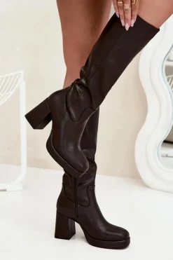 Kozaki Damskie Przed Kolano Na Zamek Obcas Słupek Czekoladowe Selvia