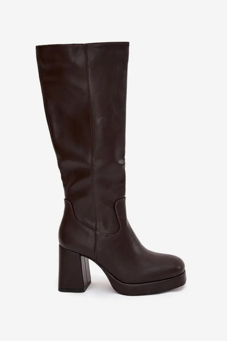 Kozaki Damskie Przed Kolano Na Zamek Obcas Słupek Czekoladowe Selvia